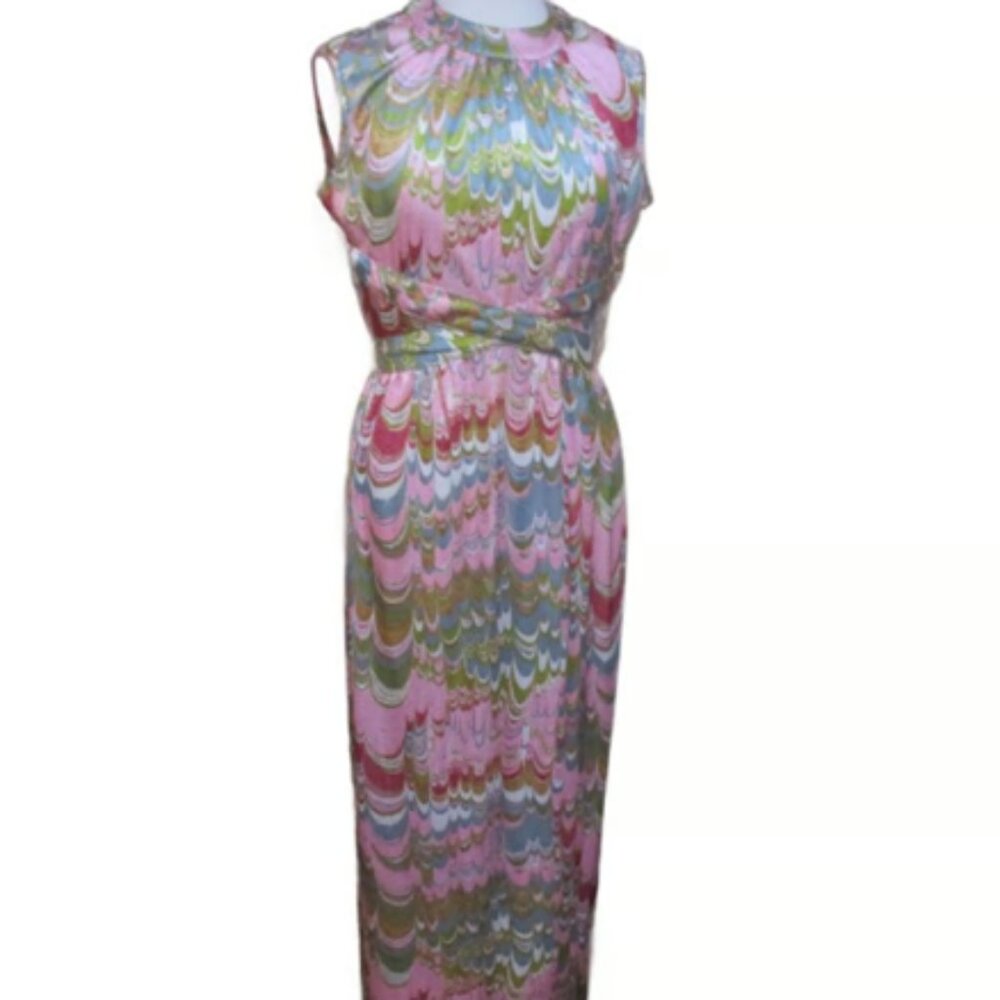 Vintage 70s 80s Leslie Fay Pink Swirl Pattern Sleeveless Maxi Dress
